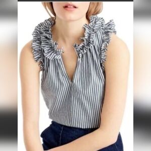 J.Crew Sleeveless Ruffle Collar Striped Top - Grifite & White